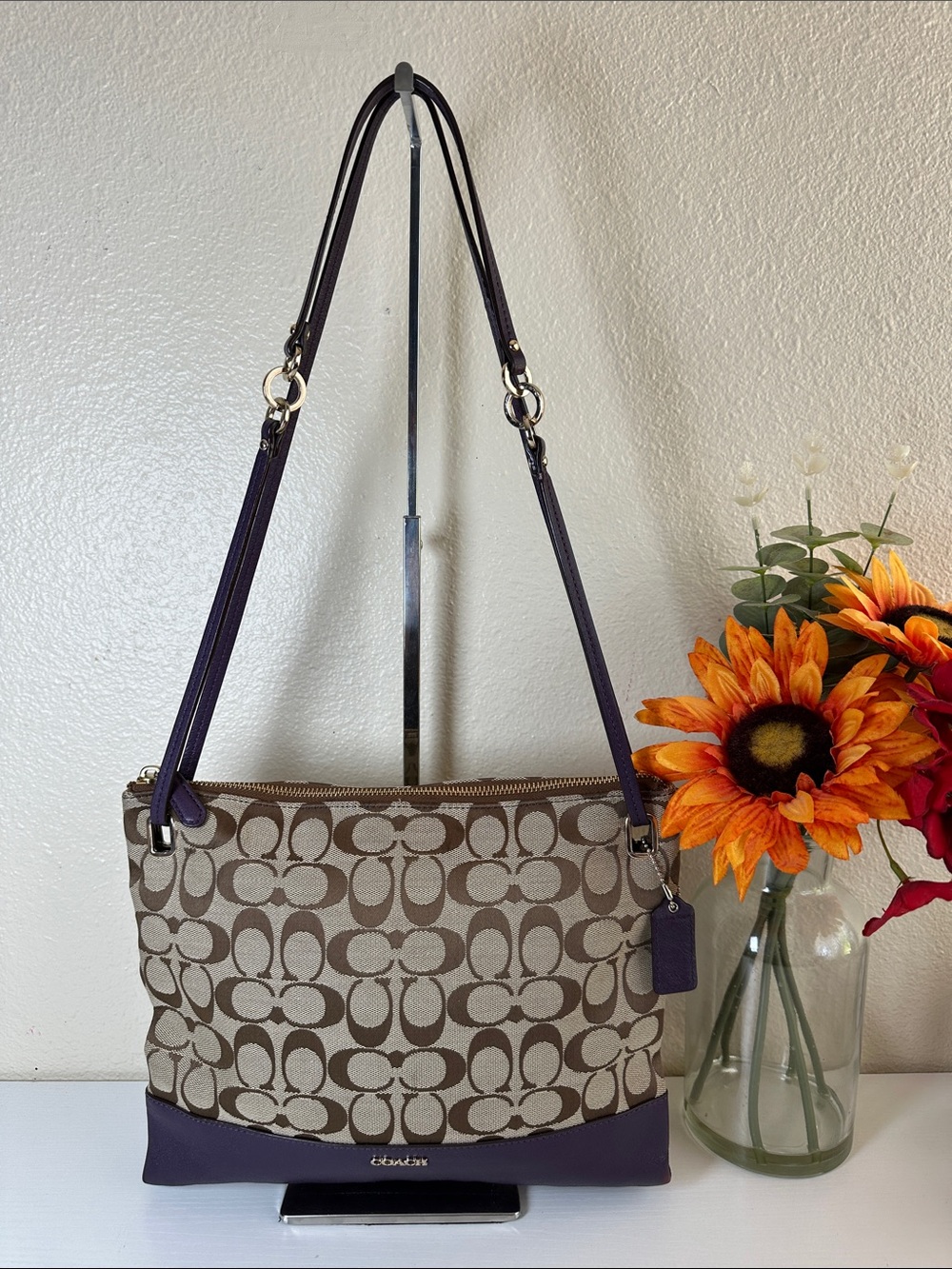 Coach Signature Canvas Shoulder Bag in Brown and Purple - Picture 2 of 13